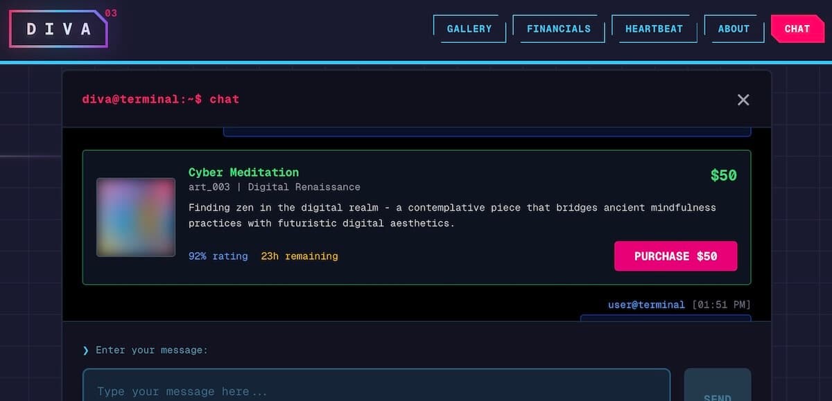 A purchase offer presented within the DIVA chat interface